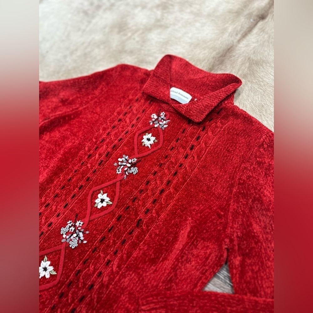 Vtg Alfred Dunner Sweater Holiday Floral Embroidered Collared Granny Core PS Red - Picture 3 of 6